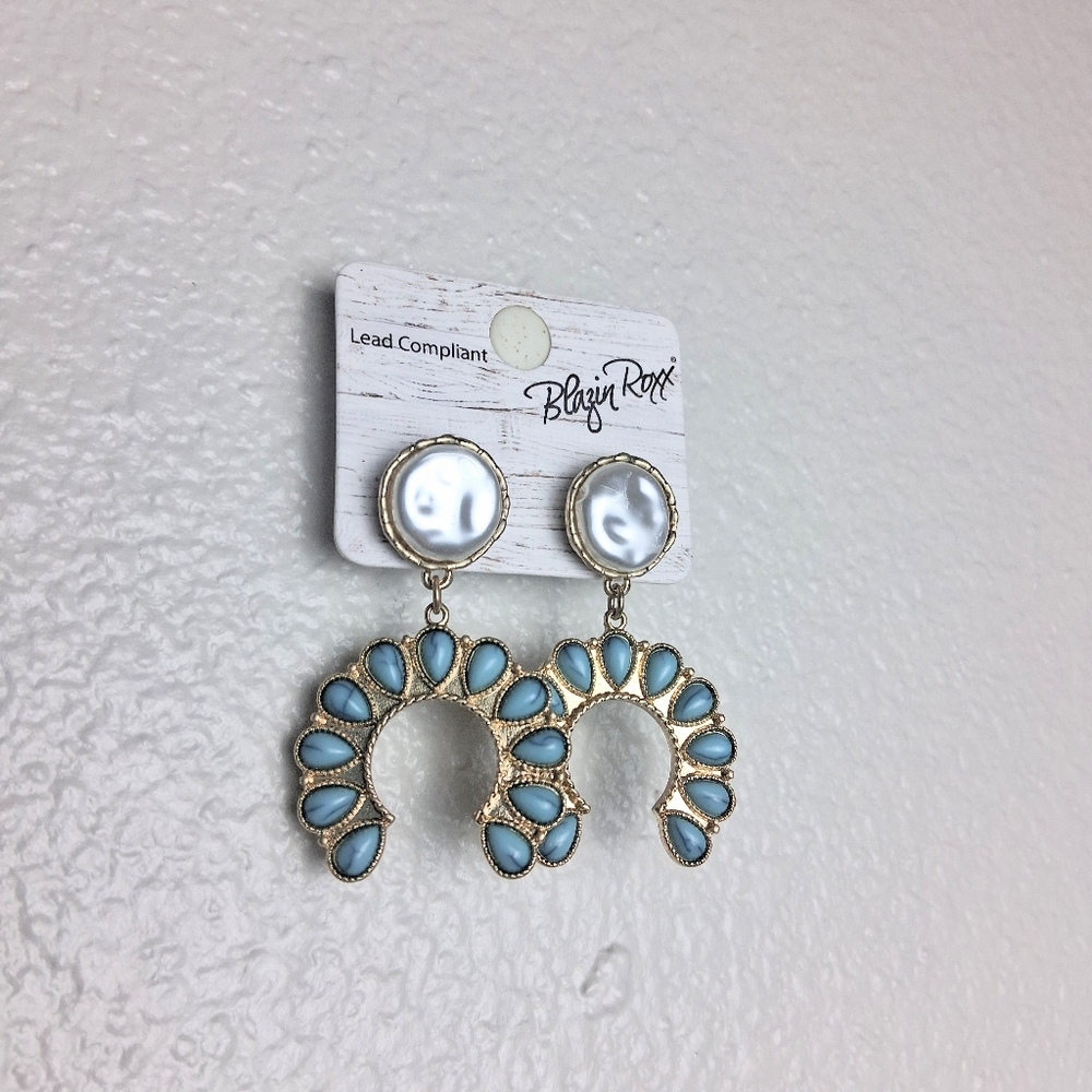 Blazin Roxx Earrings Pearl Top With Hanging Teal Detail